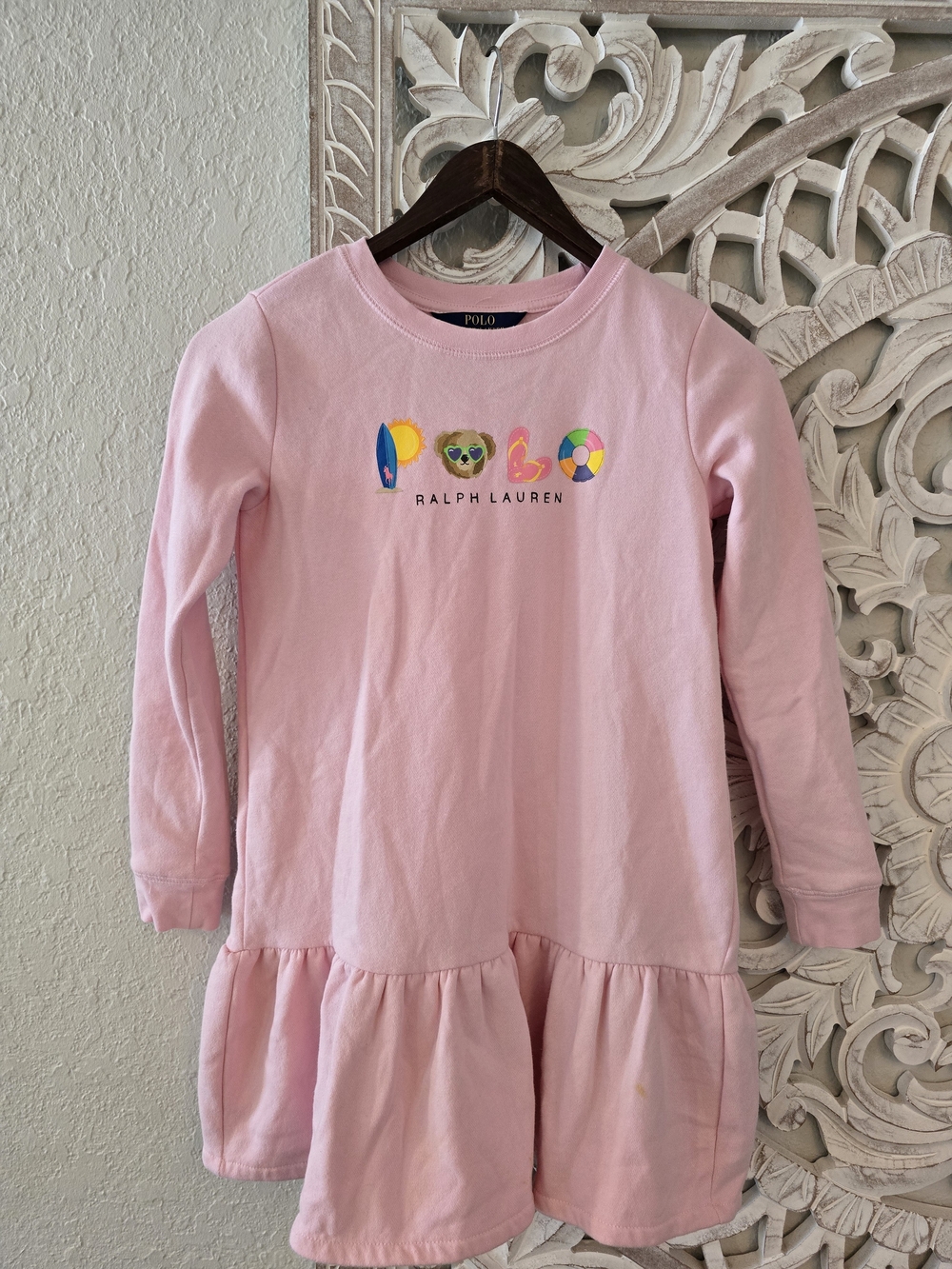 Polo Ralph Lauren Girls Pink Fleece Polo Bear Sweatshirt Dress Ruffle M